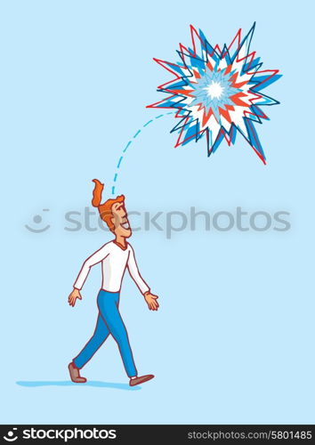 Cartoon illustration of man observing an idea exploding as fireworks