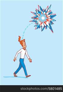 Cartoon illustration of man observing an idea exploding as fireworks