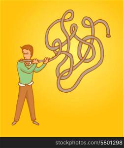 Cartoon illustration of man playing music or improvising on a tangled complex flute