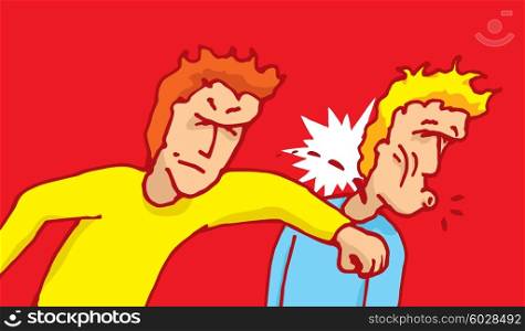 Cartoon illustration of man punching another on the face in a fight