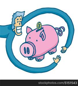 Cartoon illustration of man really happy with his savings