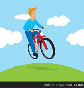Cartoon illustration of man riding a bike mid air