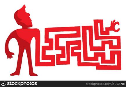 Cartoon illustration of man searching with complex maze arm