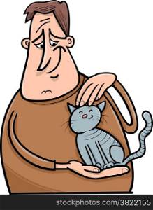 Cartoon Illustration of Man Stroking his Cat or Kitten