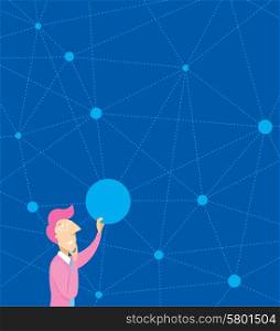 Cartoon illustration of man thinking and connecting dots on complex network