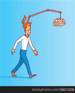 Cartoon illustration of man walking and chasing his on brain procrastination