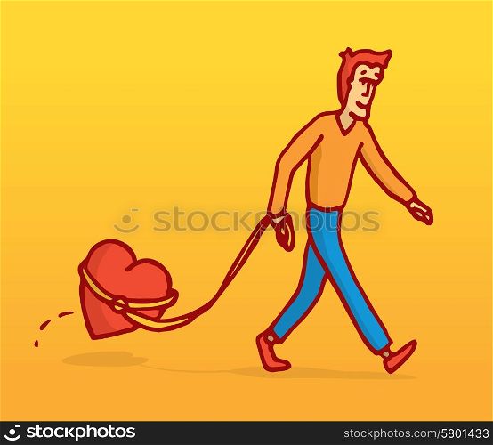 Cartoon illustration of man walking his heart with leash like a dog
