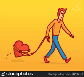 Cartoon illustration of man walking his heart with leash like a dog