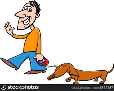 Cartoon Illustration of Man with Dachshund Dog on Walk