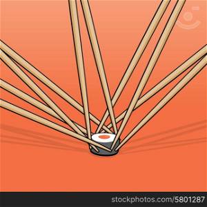 Cartoon illustration of many chopsticks fighting or competing for single roll sushi piece
