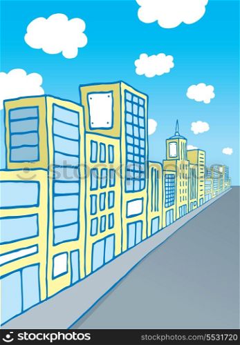 Cartoon illustration of many city buildings on the same block