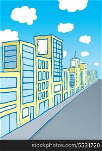 Cartoon illustration of many city buildings on the same block