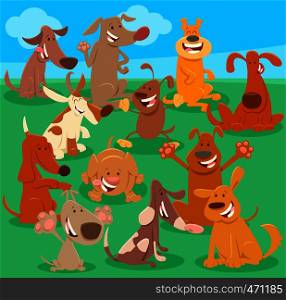 Cartoon Illustration of Many Happy Dogs and Puppies Pet Animal Characters Group