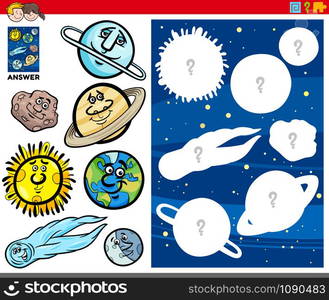 Cartoon Illustration of Match Objects and the Right Shape or Silhouette with Celestial Bodies Educational Game for Children