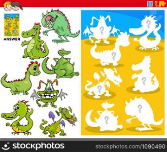 Cartoon Illustration of Match Objects and the Right Shape or Silhouette with Dragons Fantasy Characters Educational Game for Children