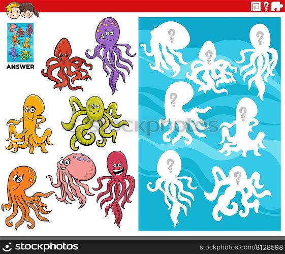Cartoon illustration of match pictures and the right shape or silhouette with octopus animal characters educational game for children