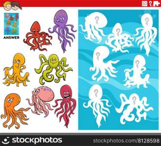 Cartoon illustration of match pictures and the right shape or silhouette with octopus animal characters educational game for children