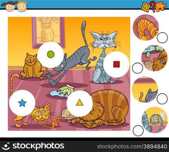 Cartoon Illustration of Match the Pieces Educational Game for Preschool Children with Cats Characters