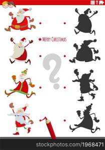 Cartoon illustration of match the right shadows with pictures educational activity with Santa Claus characters on Christmas time