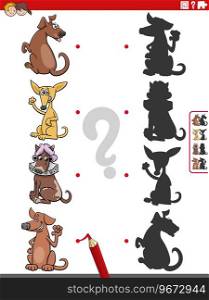 Cartoon illustration of match the right shadows with pictures educational activity with comic dogs