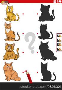 Cartoon illustration of match the right shadows with pictures educational activity with funny cats