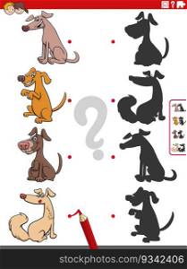 Cartoon illustration of match the right shadows with pictures educational activity with funny dogs