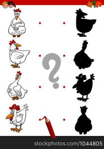 Cartoon Illustration of Match the Right Shadows with Pictures Educational Game for Children with Funny Chicken Farm Animal Characters