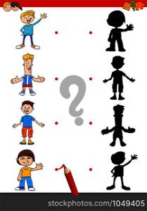 Cartoon Illustration of Match the Right Shadows with Pictures Educational Game for Children with Happy Boys Characters