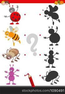 Cartoon Illustration of Match the Right Shadows with Pictures Educational Game for Children with Cute Insects Animal Characters