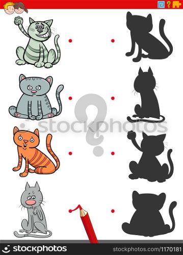 Cartoon Illustration of Match the Right Shadows with Pictures Educational Game for Children with Funny Cats Animal Characters