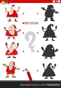 Cartoon illustration of match the right shadows with pictures educational game with happy Santa Claus characters on Christmas time
