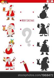 Cartoon illustration of match the right shadows with pictures educational game with Santa Claus characters with presents on Christmas time