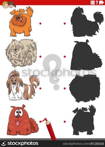 Cartoon illustration of match the right shadows with pictures educational game with shaggy dogs animal characters
