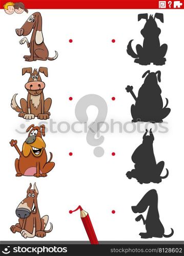 Cartoon illustration of match the right shadows with pictures educational game with funny dogs animal characters
