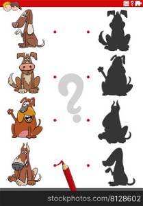 Cartoon illustration of match the right shadows with pictures educational game with funny dogs animal characters