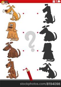 Cartoon illustration of match the right shadows with pictures educational game with comic dogs animal characters