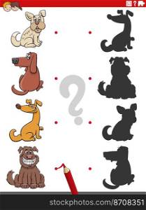 Cartoon illustration of match the right shadows with pictures educational game with comic dogs