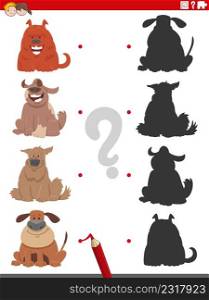 Cartoon illustration of match the right shadows with pictures educational game with dogs animal characters