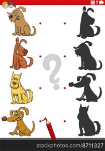 Cartoon illustration of match the right shadows with pictures educational game with funny dogs