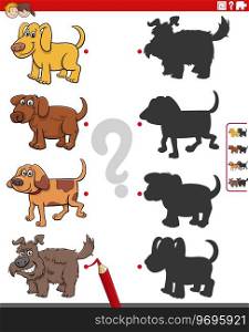 Cartoon illustration of match the right shadows with pictures educational game with funny dogs