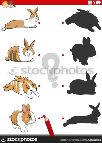Cartoon illustration of match the right shadows with pictures educational game with rabbits animal characters