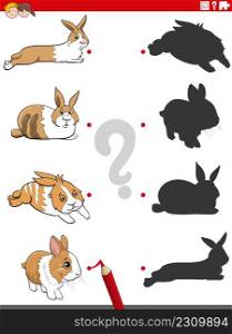 Cartoon illustration of match the right shadows with pictures educational game with rabbits animal characters