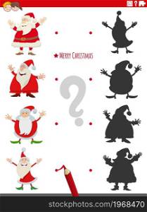 Cartoon illustration of match the right shadows with pictures educational task with Santa Claus characters on Christmas time