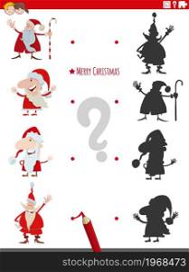 Cartoon illustration of match the right shadows with pictures educational task with funny Santa Claus characters on Christmas time