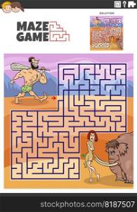 Cartoon illustration of maze puzzle game with funny prehistoric couple of cavemen characters and mammoth