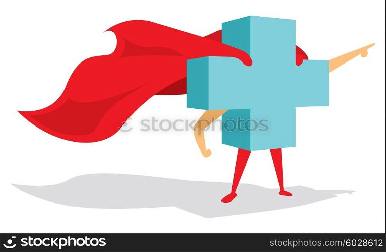Cartoon illustration of medical health cross super hero with cape