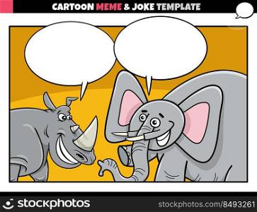 cartoon illustration of meme template with blank comic speech balloon and rhinoceros and elephant