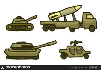 Cartoon illustration of military green war vehicle set