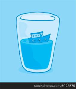 Cartoon illustration of miniature boat floating on glass of water