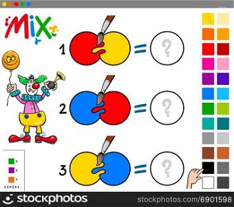Cartoon Illustration of Mixing Colors Educational Game for Children with Clown Character